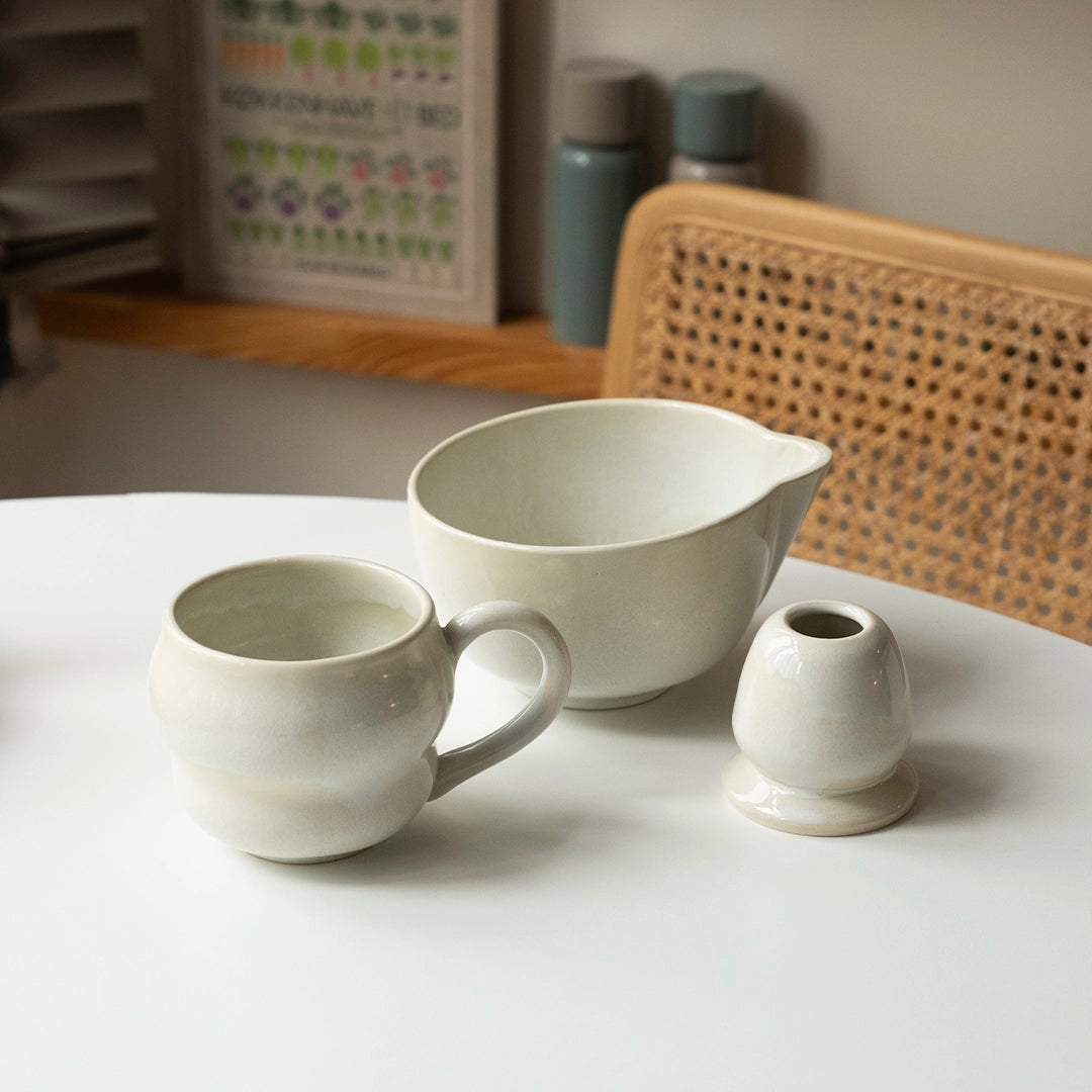 Matcha Ritüeli: İnci Beyaz Matcha Kase+Whisk Tutucu+Bambu Whisk+Büyük Kupa