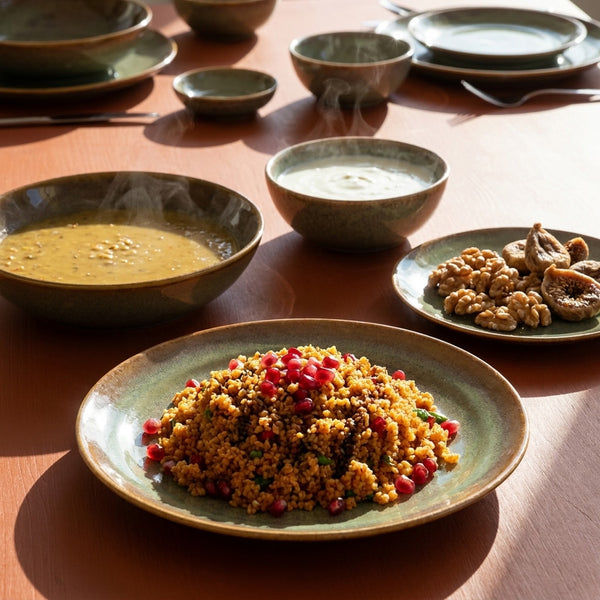 4 kişilik Müdavim Yeşil stoneware yemek takımıyla kurulmuş, yemekli sofra renk:Müdavim Yeşil