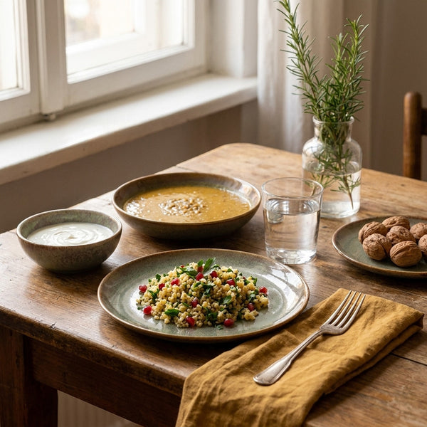 Müdavim Yeşil stoneware yemek takımından bir kişilik yemekli kurulum renk:Müdavim Yeşil