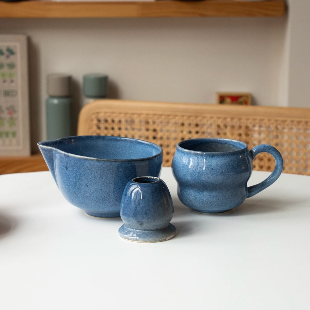 Matcha Ritüeli: Sayfi Mavi Matcha Kase+Whisk Tutucu+Bambu Whisk+Büyük Kupa