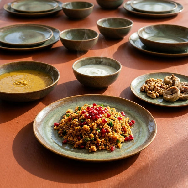 6 kişilik Müdavim Yeşil stoneware yemek takımıyla kurulmuş, yemekli sofra renk:Müdavim Yeşil