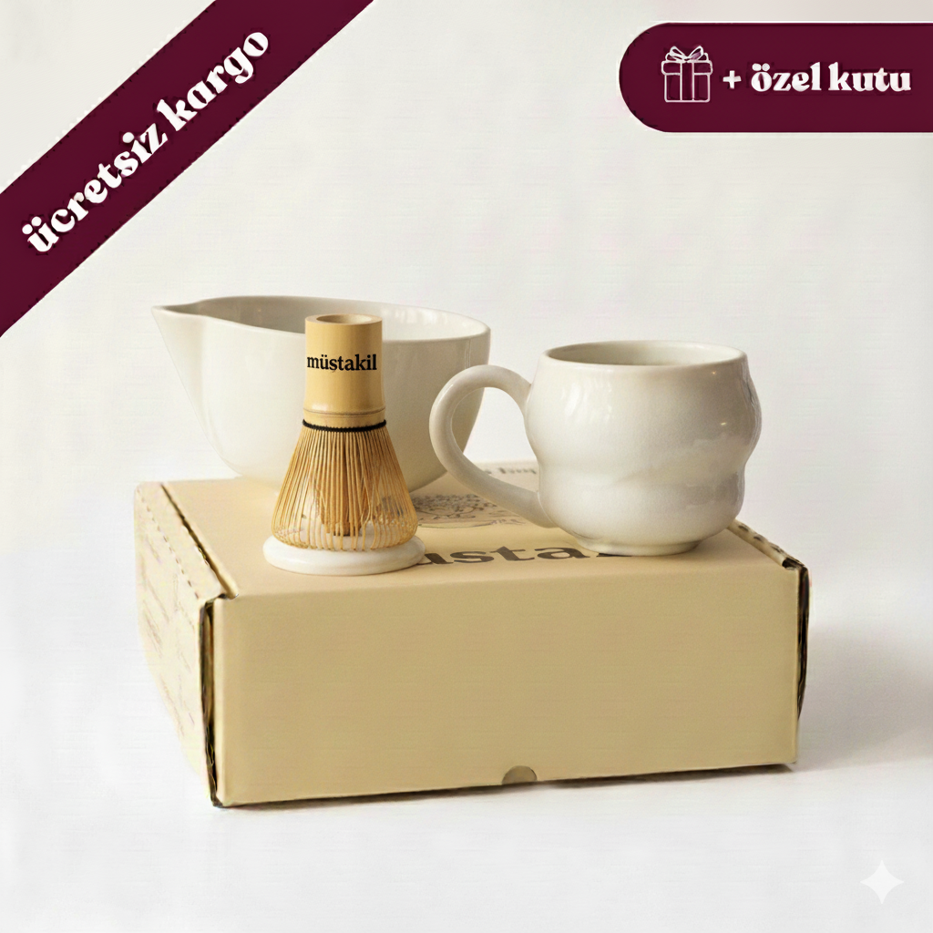 Matcha Ritüeli: İnci Beyaz Matcha Kase+Whisk Tutucu+Bambu Whisk+Büyük Kupa