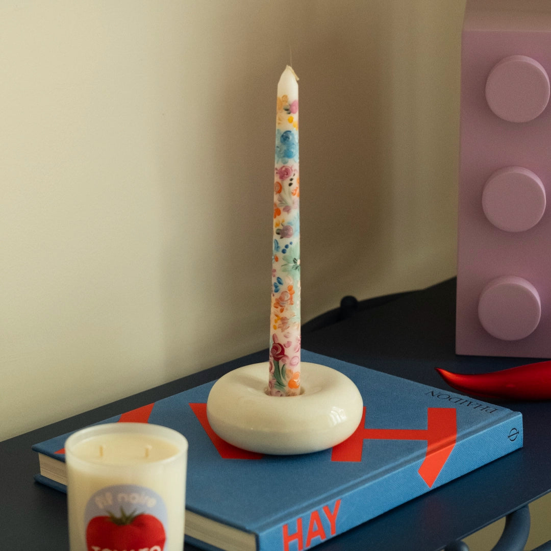 Stoneware Donut Şamdan - İnci Beyaz