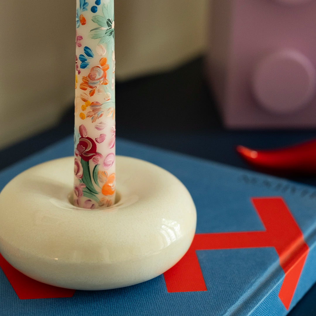 Stoneware Donut Şamdan - İnci Beyaz