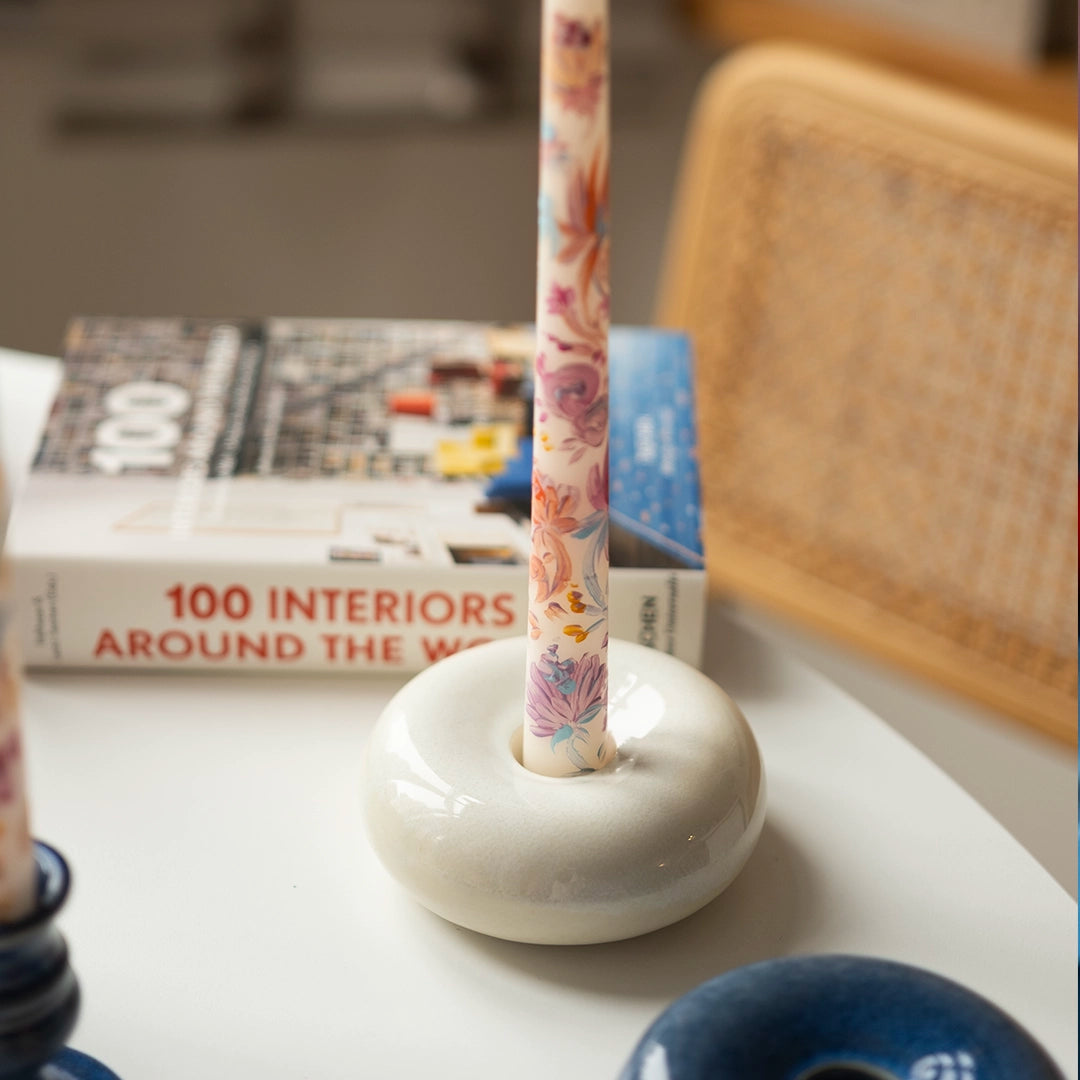 Stoneware Donut Şamdan - İnci Beyaz