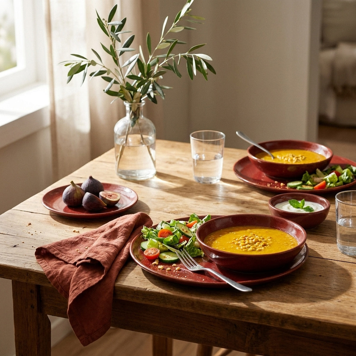 Dem Kırmızı stoneware yemek takımıyla iki kişilik sofra, yemek ortasında