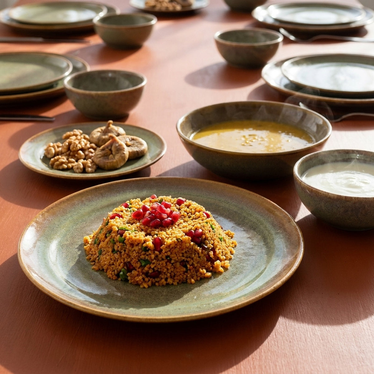 12 kişilik Müdavim Yeşil stoneware yemek takımıyla kurulmuş, yemekli sofra renk:Müdavim Yeşil