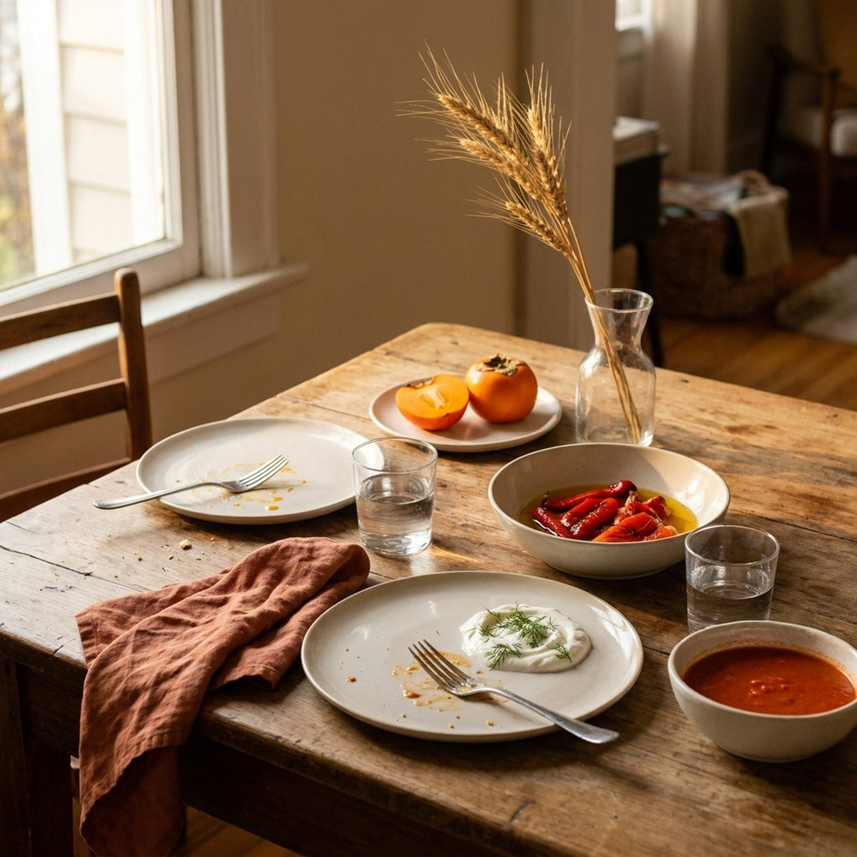 İnci Beyaz stoneware yemek takımıyla iki kişilik sofra, yemek ortasında