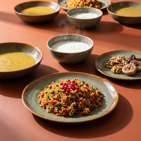 2 kişilik Müdavim Yeşil stoneware yemek takımıyla kurulmuş, yemekli sofra renk:Müdavim Yeşil