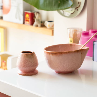 Matcha Ritüeli: Gonca Pembe Matcha Kase+Whisk Tutucu+Bambu Whisk