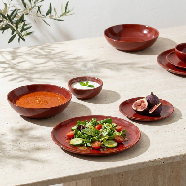 6 kişilik Dem Kırmızı stoneware yemek takımıyla kurulmuş, yemekli sofra renk:Dem Kırmızı