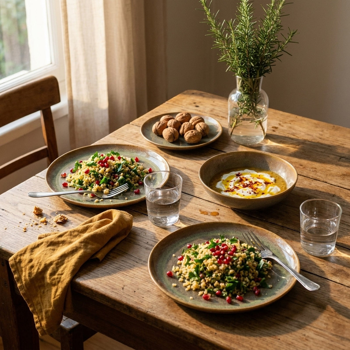 Müdavim Yeşil stoneware yemek takımıyla iki kişilik sofra, yemek ortasında