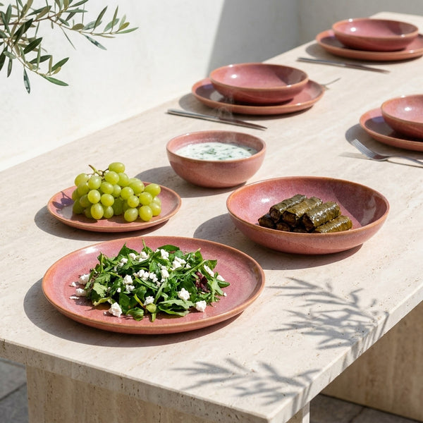 8 kişilik Gonca Pembe stoneware yemek takımıyla kurulmuş, yemekli sofra renk:Gonca Pembe