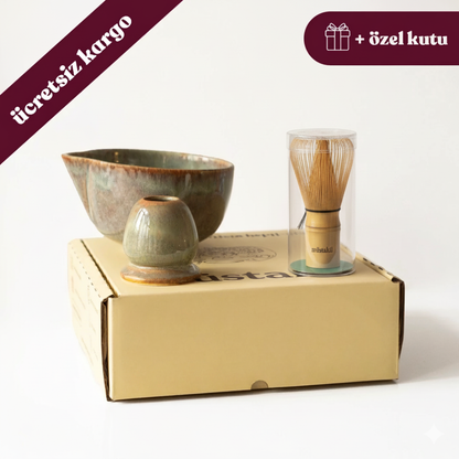 Matcha Ritüeli: Müdavim Yeşil Matcha Kase+Whisk Tutucu+Bambu Whisk