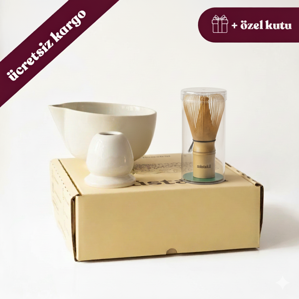 Matcha Ritüeli: İnci Beyaz Matcha Kase+Whisk Tutucu+Bambu Whisk