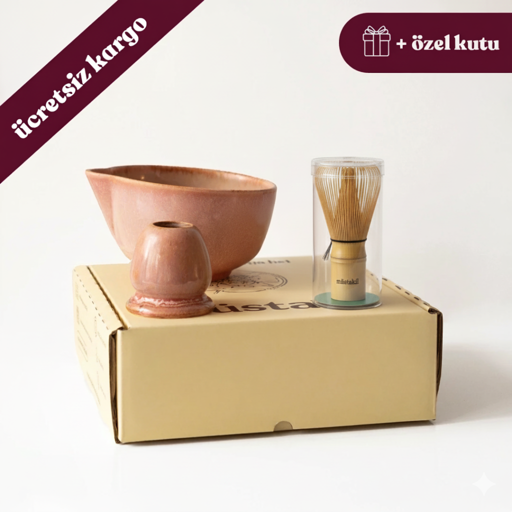Matcha Ritüeli: Gonca Pembe Matcha Kase+Whisk Tutucu+Bambu Whisk