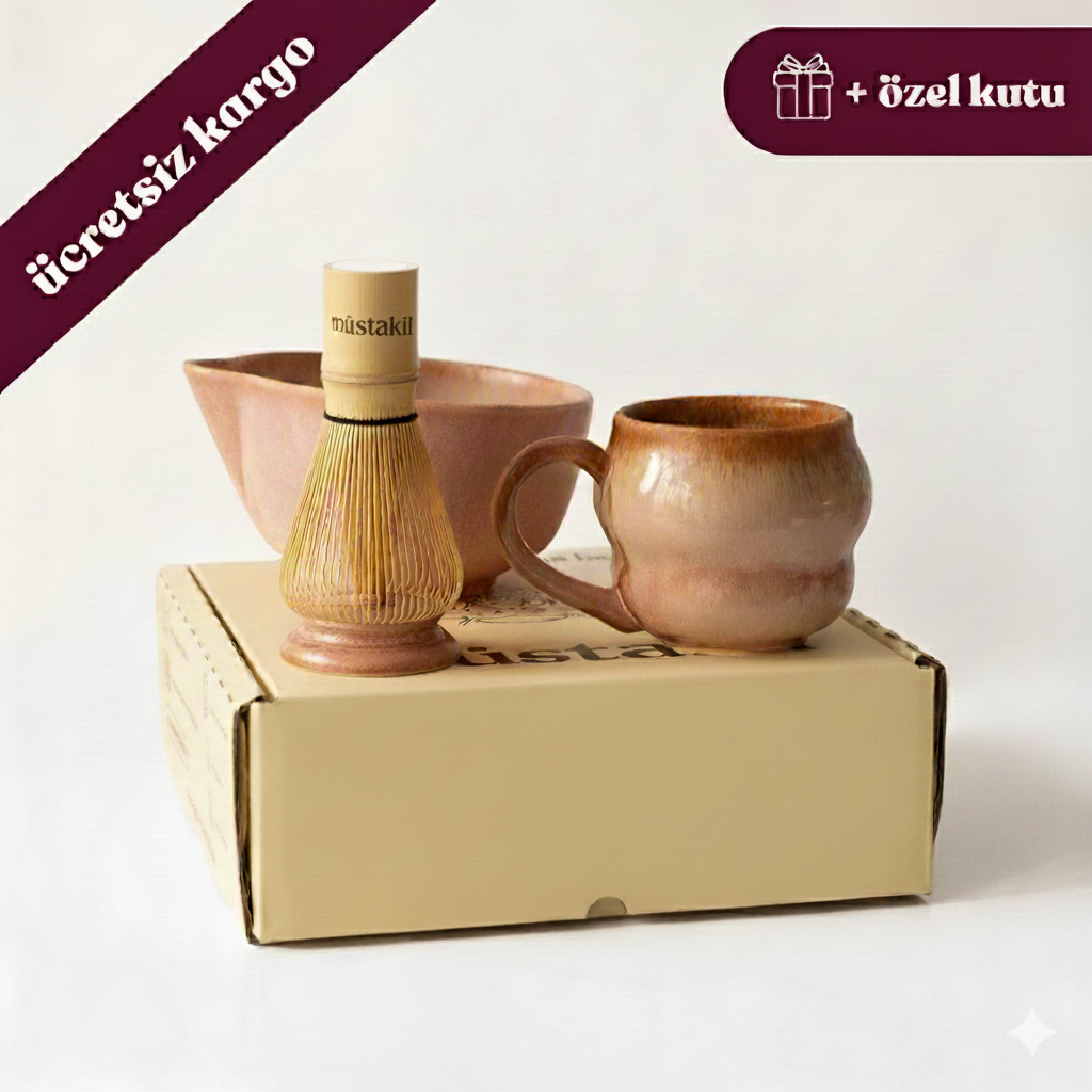 Matcha Ritüeli: Gonca Pembe Matcha Kase+Whisk Tutucu+Bambu Whisk+Büyük Kupa