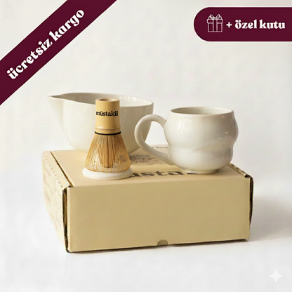 Matcha Ritüeli: İnci Beyaz Matcha Kase+Whisk Tutucu+Bambu Whisk+Büyük Kupa