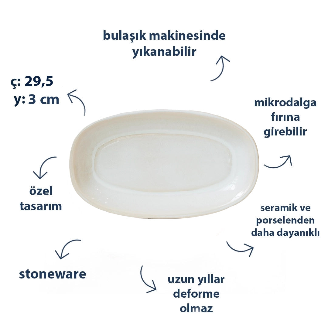 Stoneware Büyük Kayık Tabak - İnci Beyaz