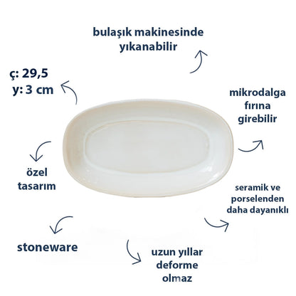 Stoneware Büyük Kayık Tabak - İnci Beyaz