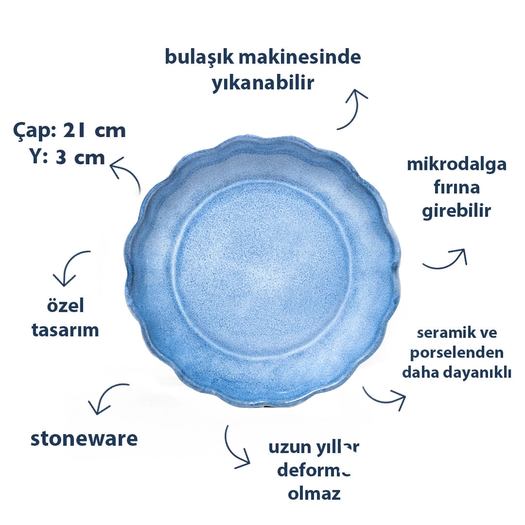 Stoneware Çiçek Derin Tabak - Sayfi Mavi