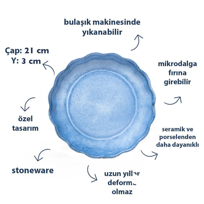 Stoneware Çiçek Derin Tabak - Sayfi Mavi