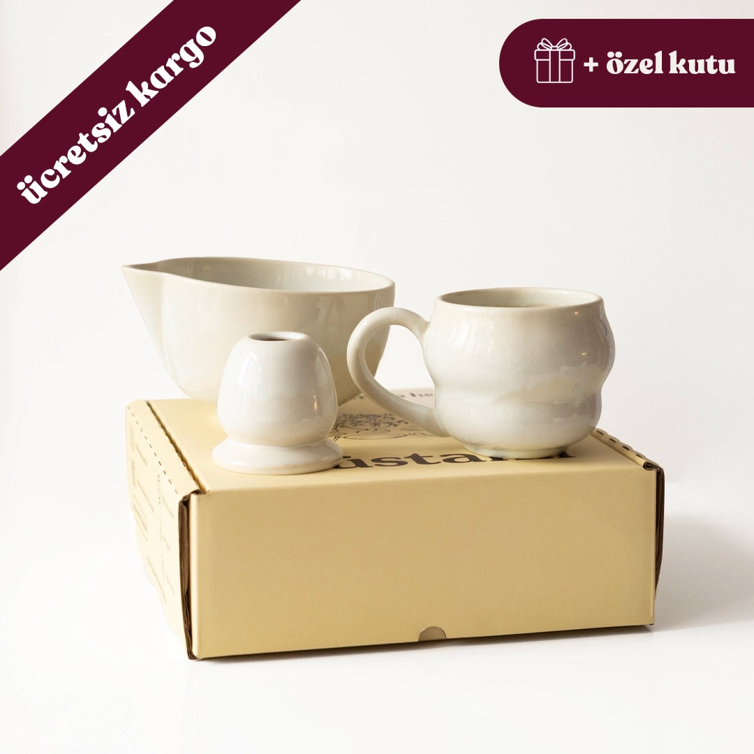 Matcha Ritüeli: İnci Beyaz Matcha Kase+Whisk Tutucu+Büyük Kupa