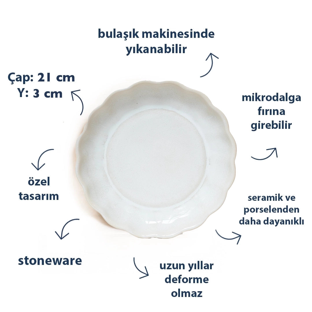 Stoneware Çiçek Derin Tabak - İnci Beyaz