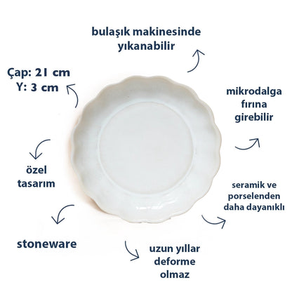 Stoneware Çiçek Derin Tabak - İnci Beyaz