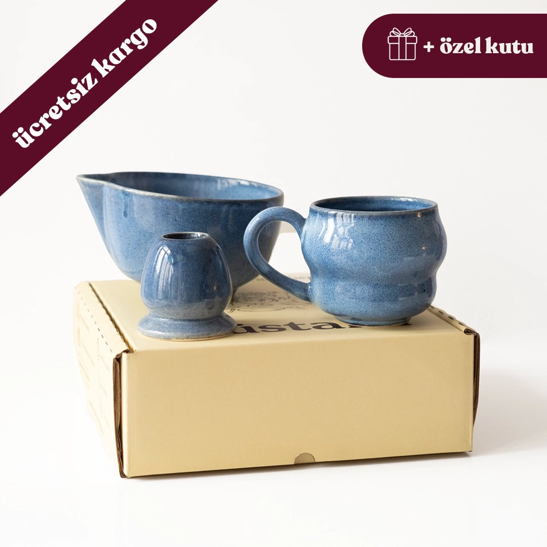 Matcha Ritüeli: Sayfi Mavi Matcha Kase+Whisk Tutucu+Bambu Whisk+Büyük Kupa