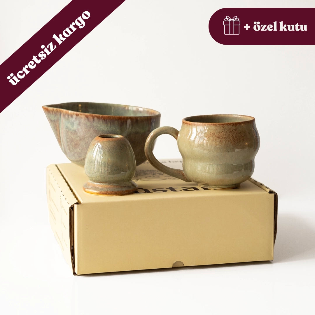 Matcha Ritüeli: Müdavim Yeşil Matcha Kase+Whisk Tutucu+Büyük Kupa